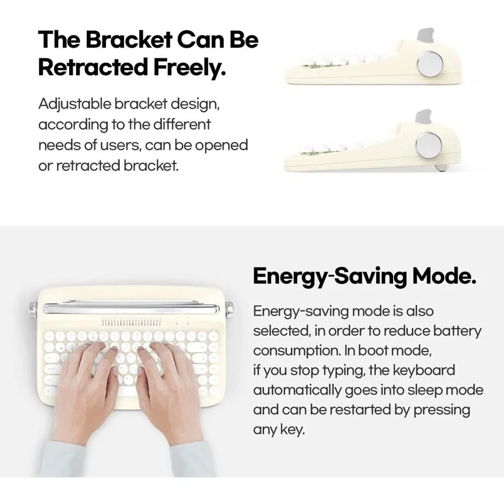 Wireless Retro Typewriter Keyboard, Ivory Butter, USB Rechargeable, Round Keys‎